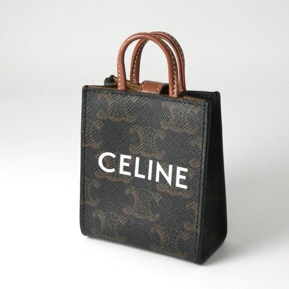 Celine Accessories - Celine Charm Brown White Gold Triomphe Canvas Logo Micro Vertical Cabas